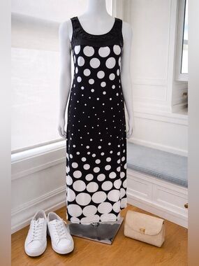 Black and White Polka Dot Maxi Dress.  Medium sleeveless Rosette neck.